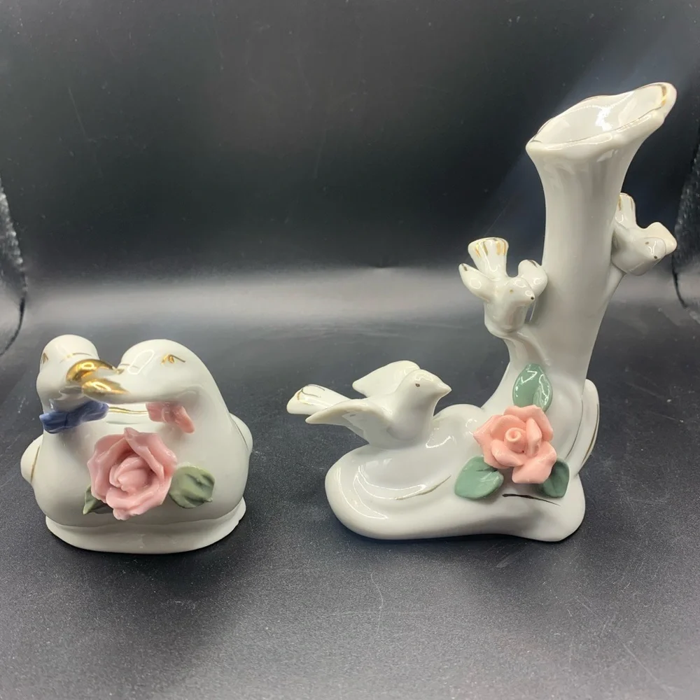 2/Porcelain Ducks & Doves Mini Bud Vases